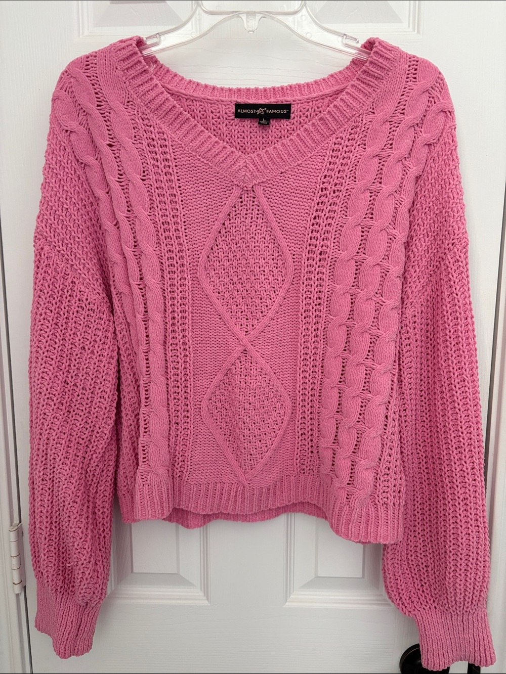 Almost Famous Bright Pink Cable Knit Scoop Neck Sweater